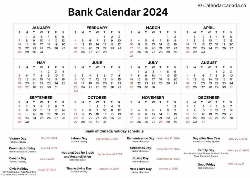 Bank Calendar Template 2024