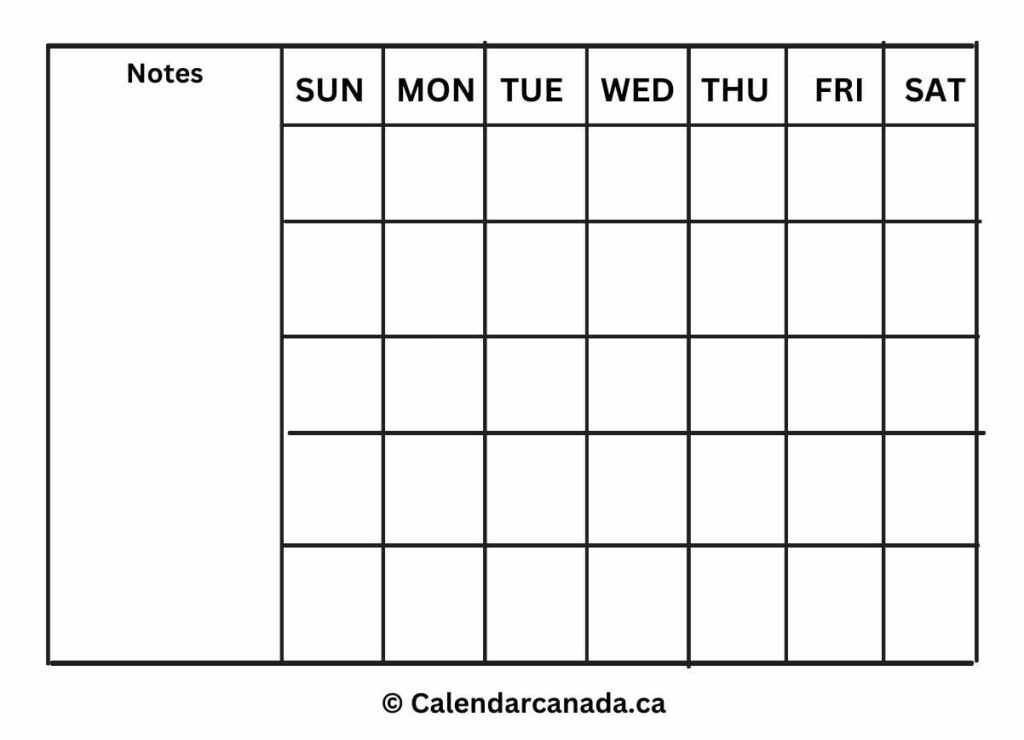 Blank Calendar With Notes Template