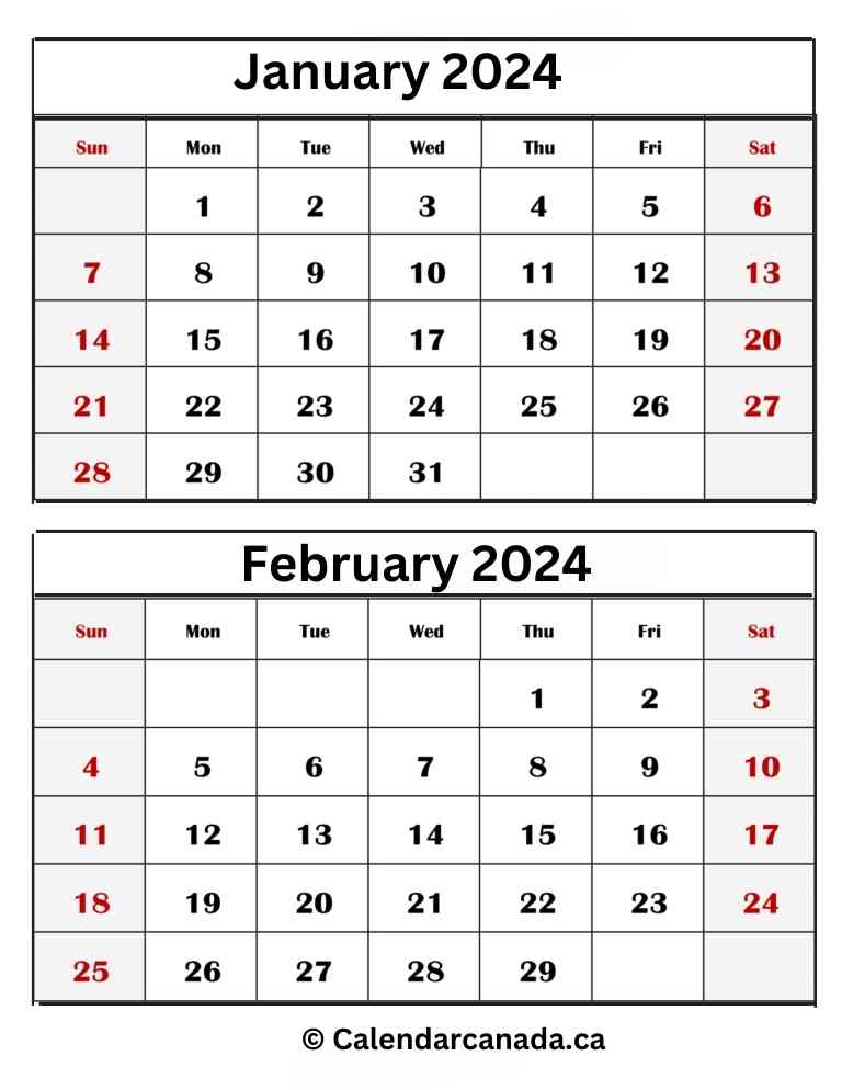 Excel Calendar For January & February