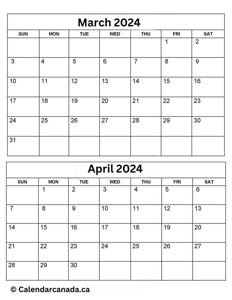 Excel Calendar For March & April