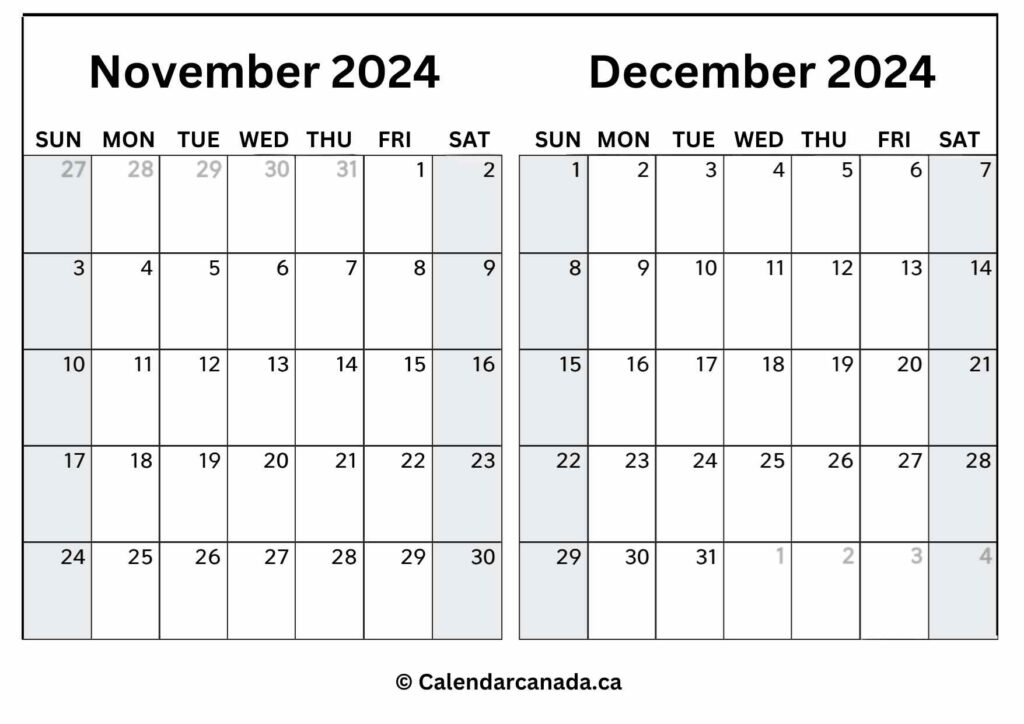Excel Calendar For November & December