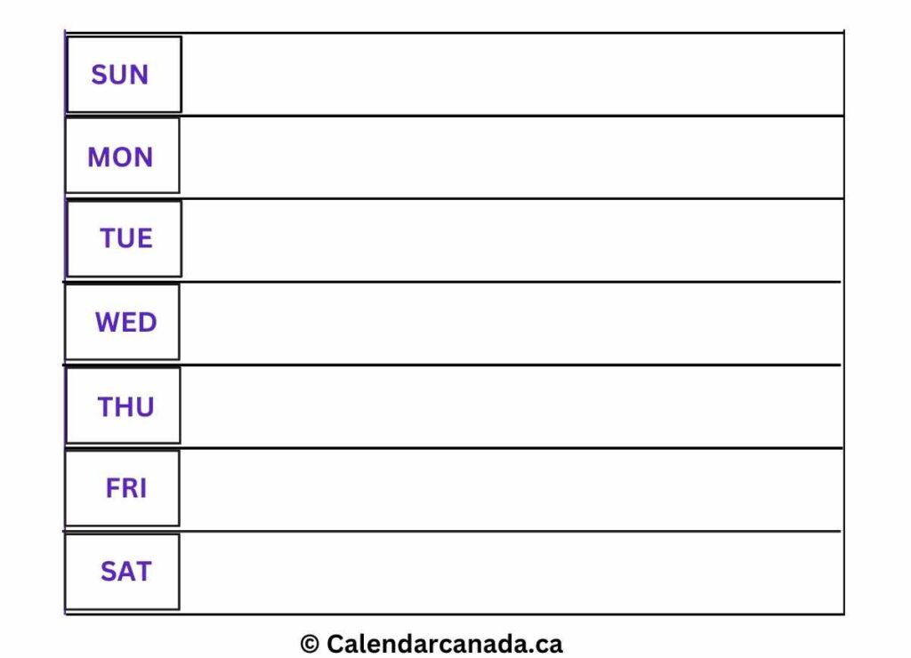 Weekly Blank Calendar Horizontal