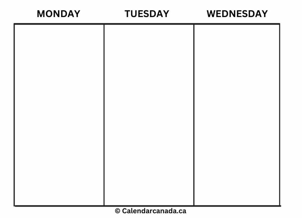Weekly Blank Calendar Monday - Wednesday