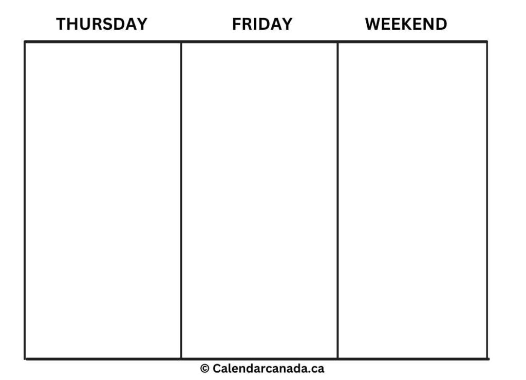 Weekly Blank Calendar Thursday - Weekend