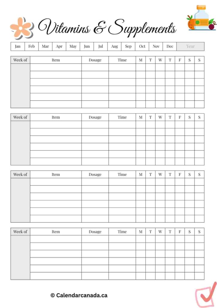 Weekly Planner Template of Vitamin & Supplements