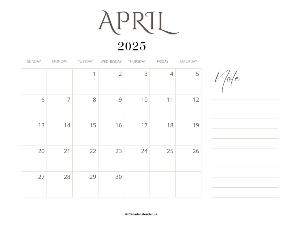April 2025 Calendar With Holidays (Notes)
