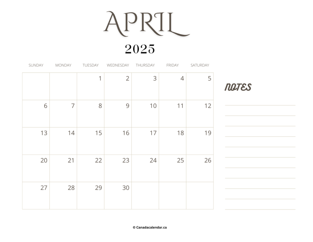 April 2025 Calendar With Notes