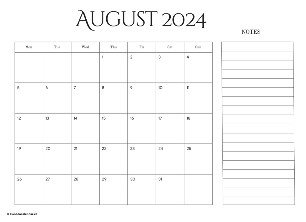 August 2024 Calendar With Holidays (Notes)