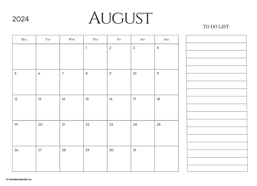 August 2024 Calendar With Holidays (To Do)