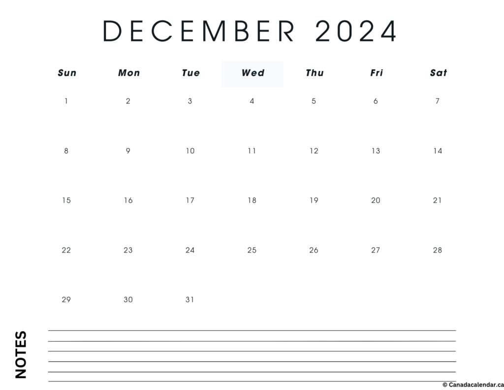 December 2024 Calendar With Holidays (Notes)