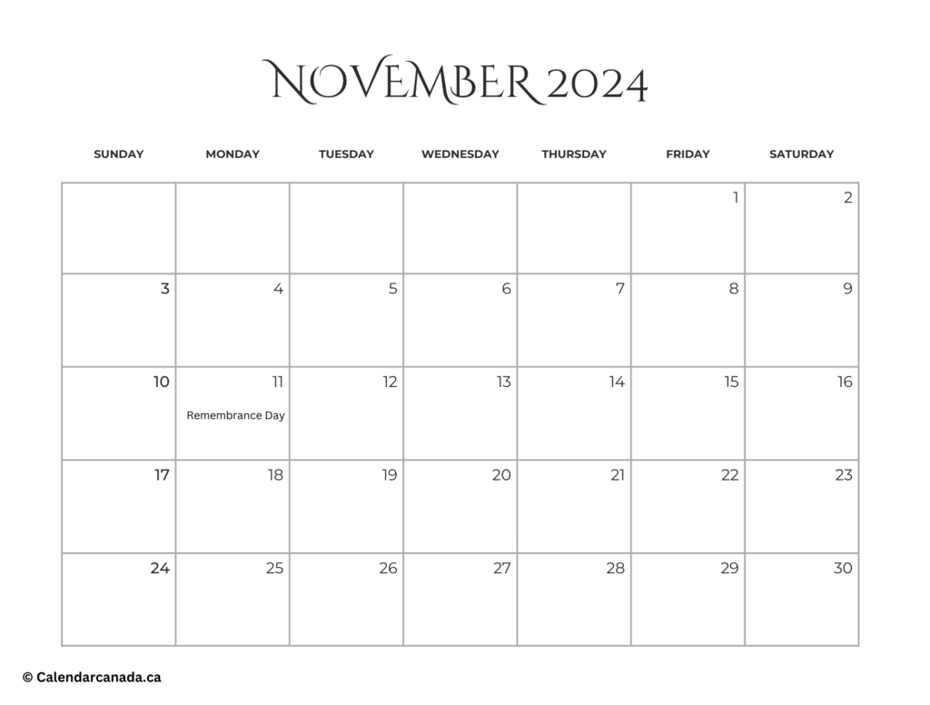 Free November 2024 Calendar With Holidays Template