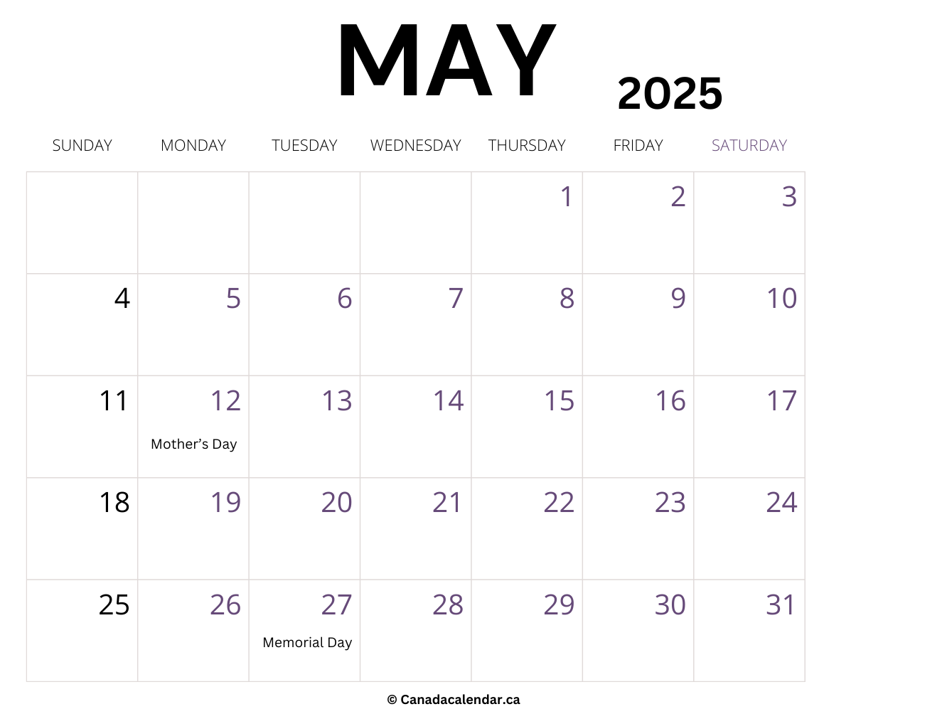 May Calendar 2025 Fillable