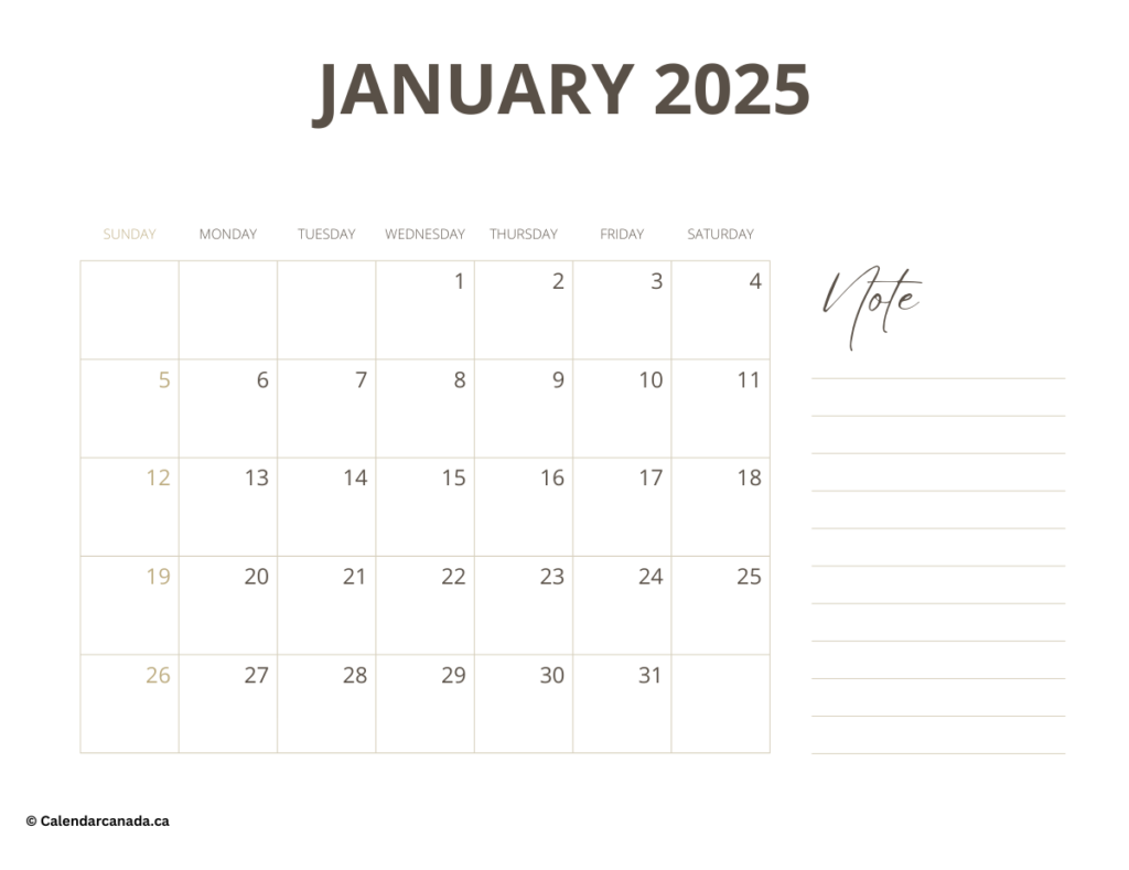 January 2025 Calendar With Holidays (Notes)