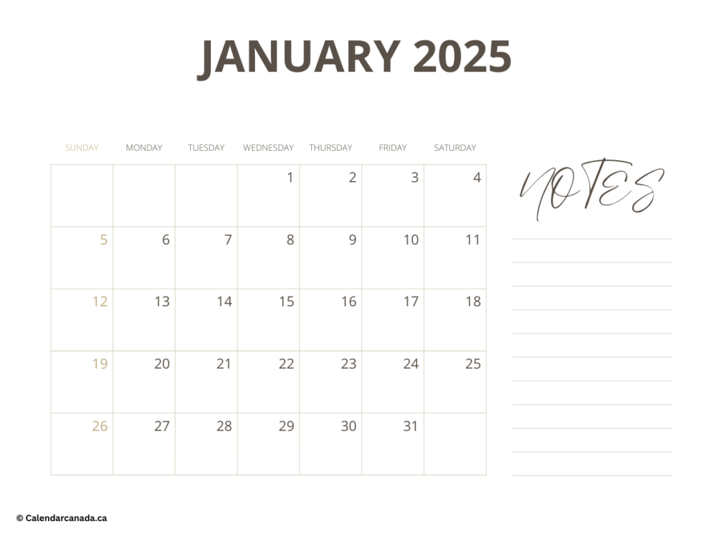 January 2025 Calendar With Notes