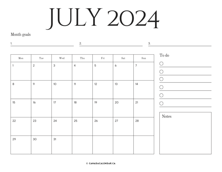 July Calendar With Notes - Free Printable Calendar Canada 2024-2025