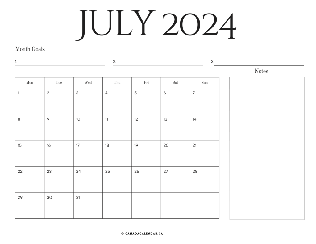 July 2024 Calendar With Notes