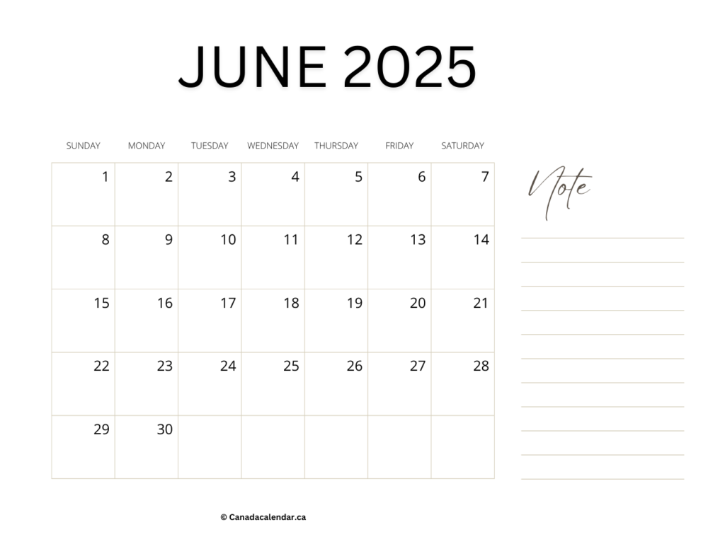 June 2025 Calendar With Holidays (Notes)