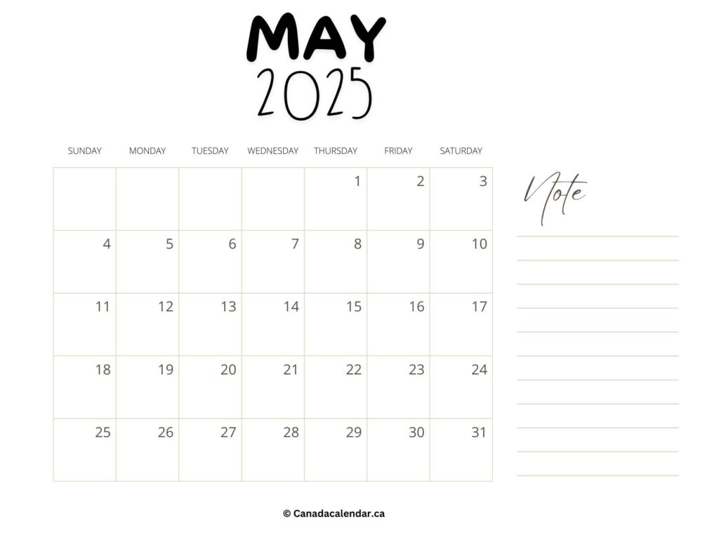 May 2025 Calendar With Holidays (Notes)