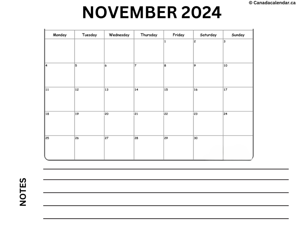 November 2024 Calendar With Holidays (Notes)
