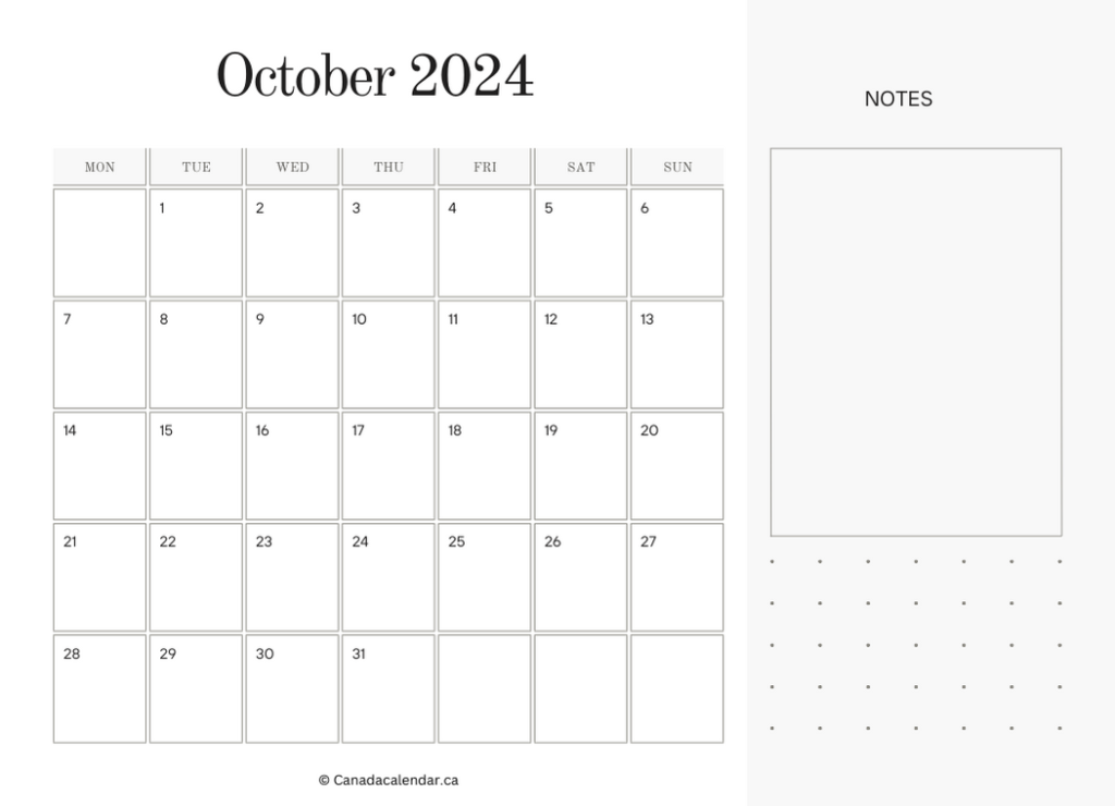 October 2024 Calendar With Holidays (Notes)