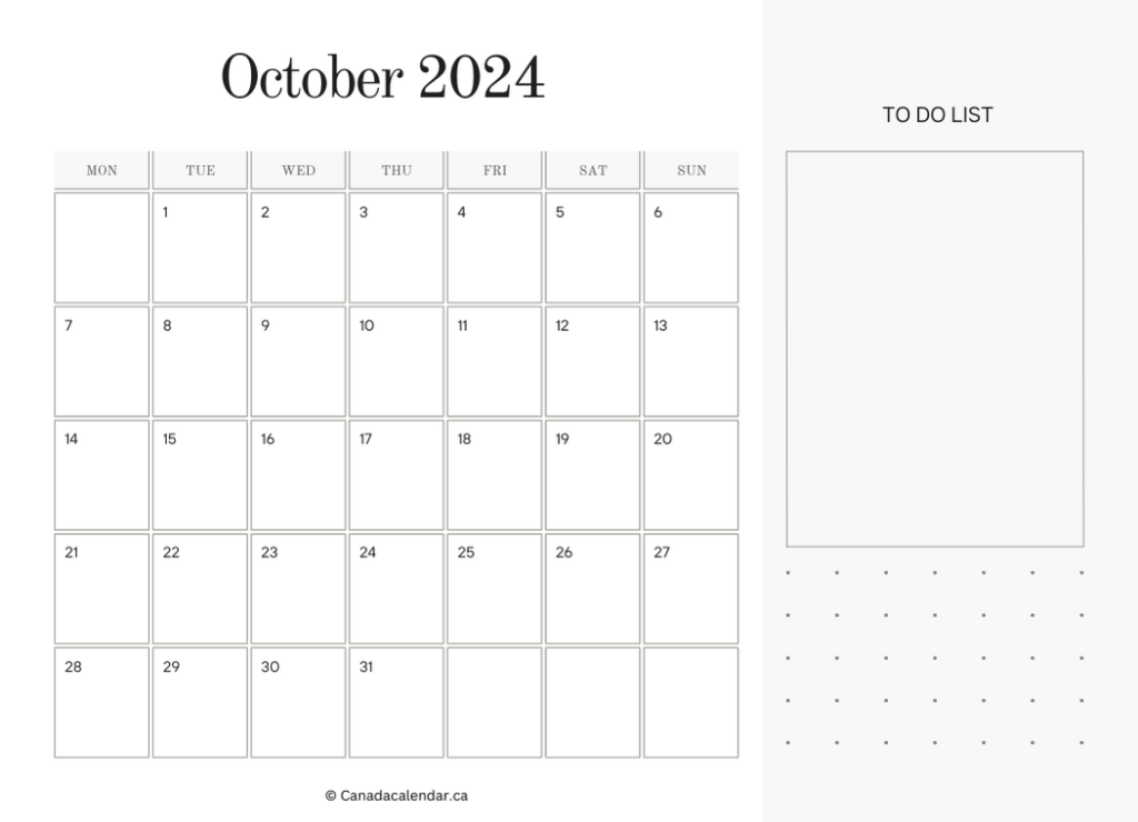 October 2024 Calendar With Holidays (To Do)