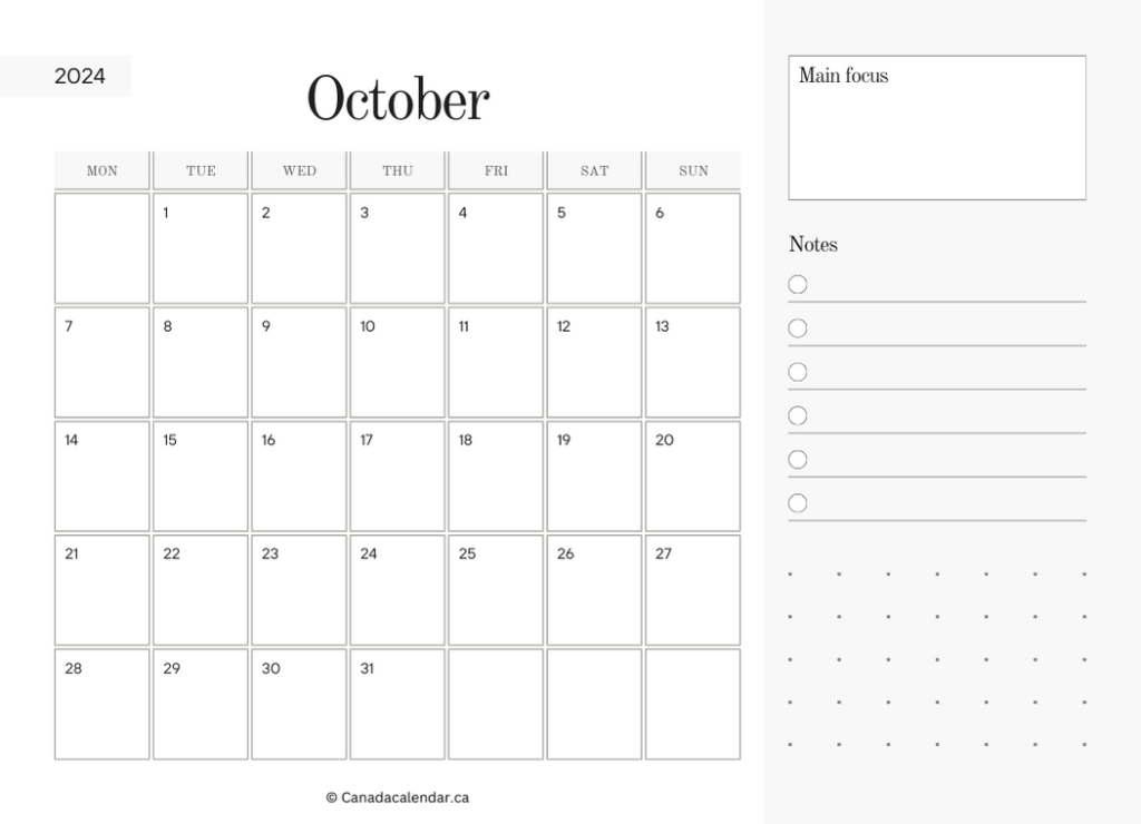 October 2024 Calendar With Notes