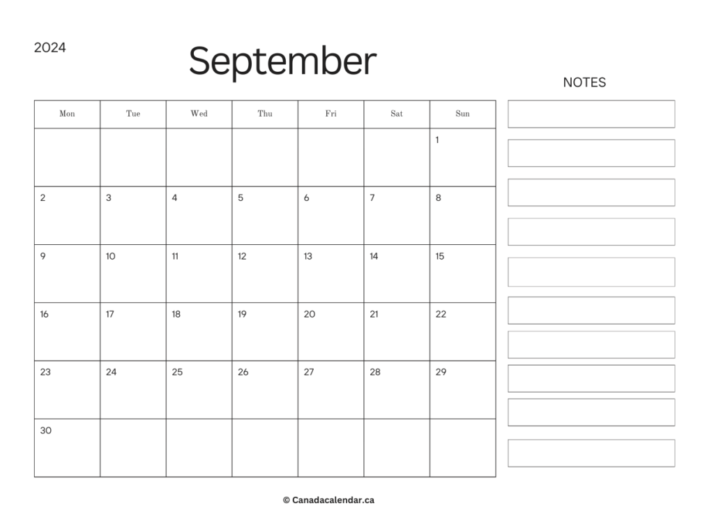 September 2024 Calendar With Holidays (Notes)