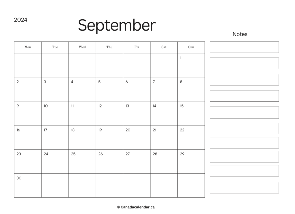 September 2024 Calendar With Notes