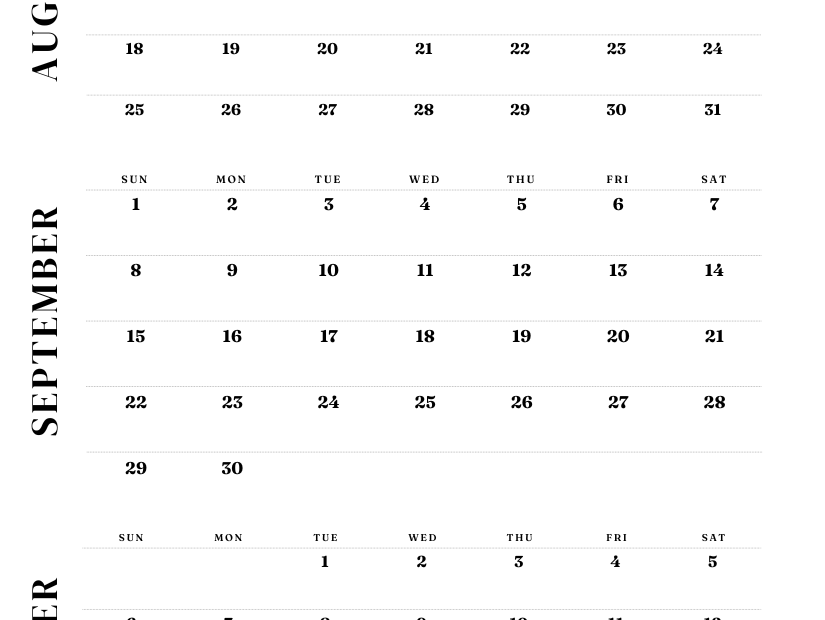 August, September and October 2024 Calendar Templates