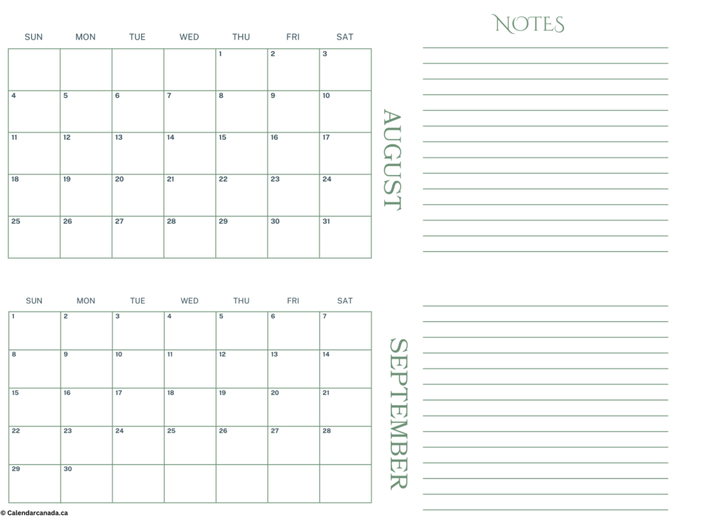 August and September 2024 Calendar With Notes