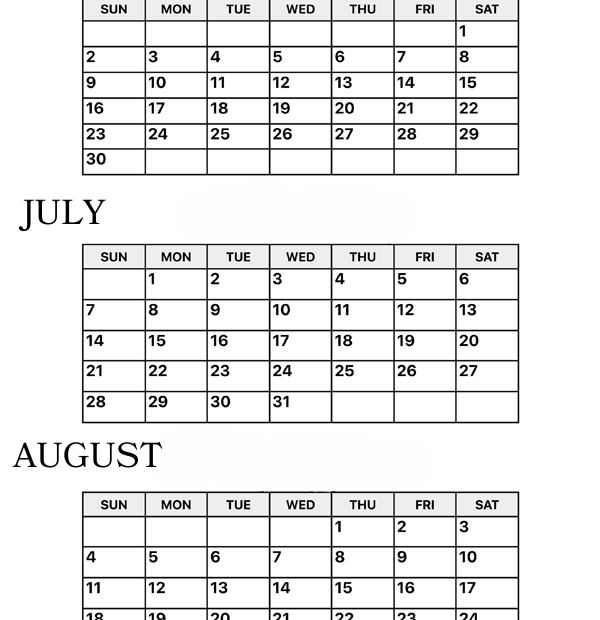 Free June, July and August 2024 Calendar Printable