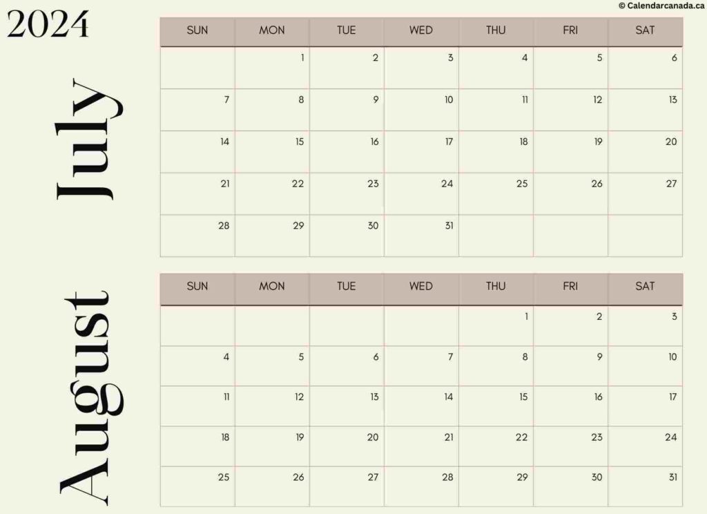 Free Printable July and August 2024 Calendar