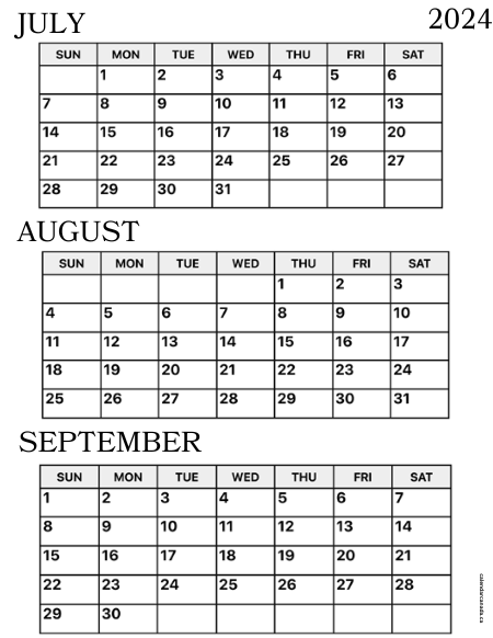 July, August and September 2024 Calendar Templates