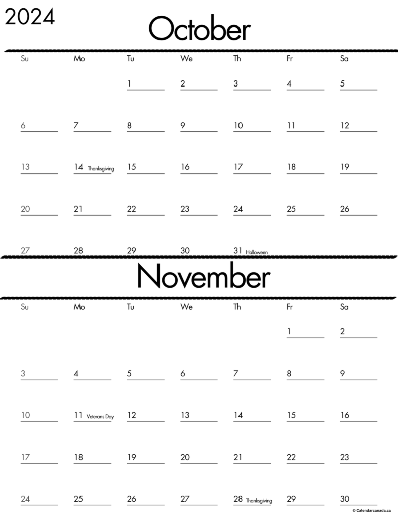 October and November 2024 Calendar With Holidays