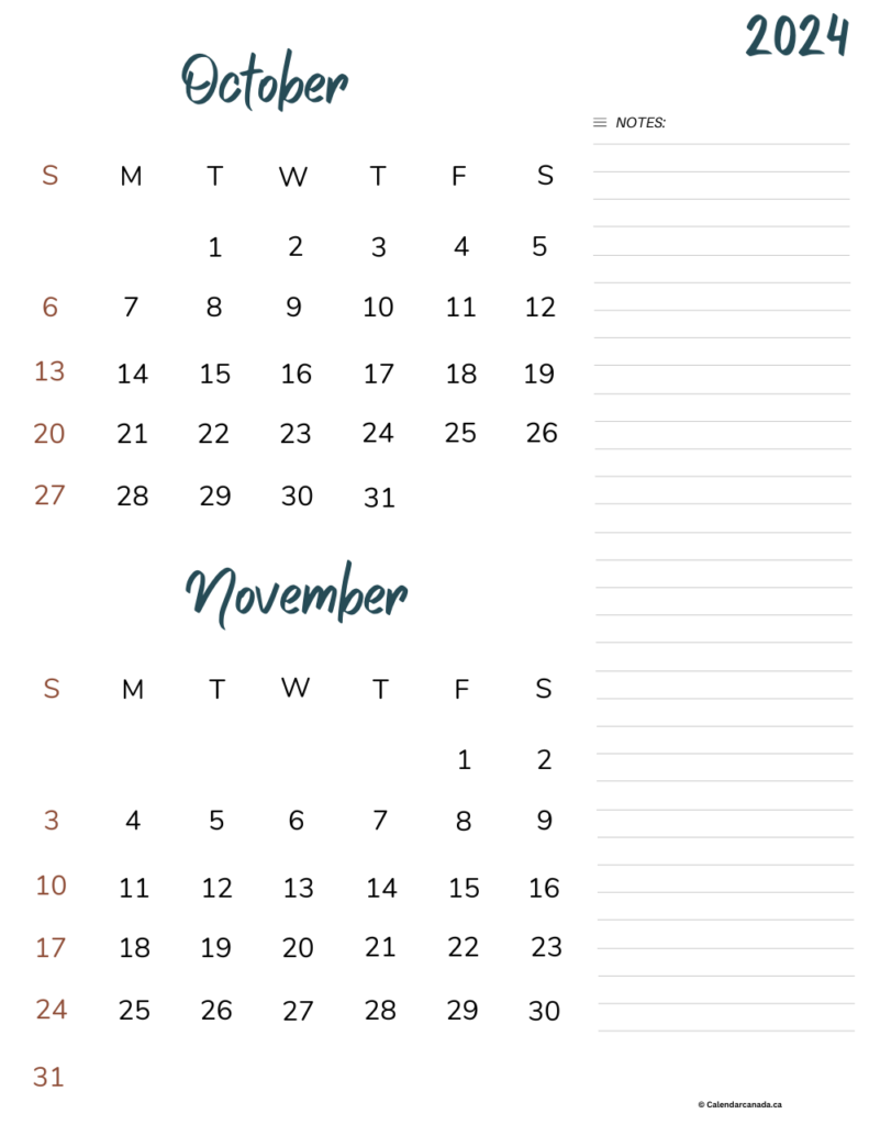 October and November 2024 Calendar With Notes