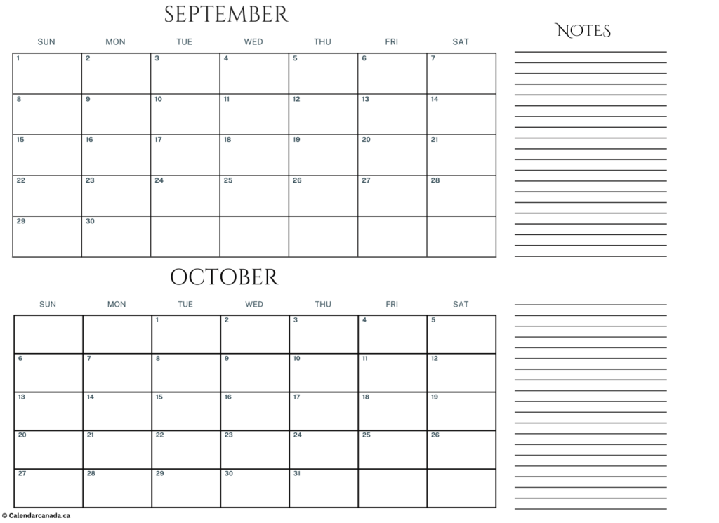 September and October 2024 Calendar With Notes